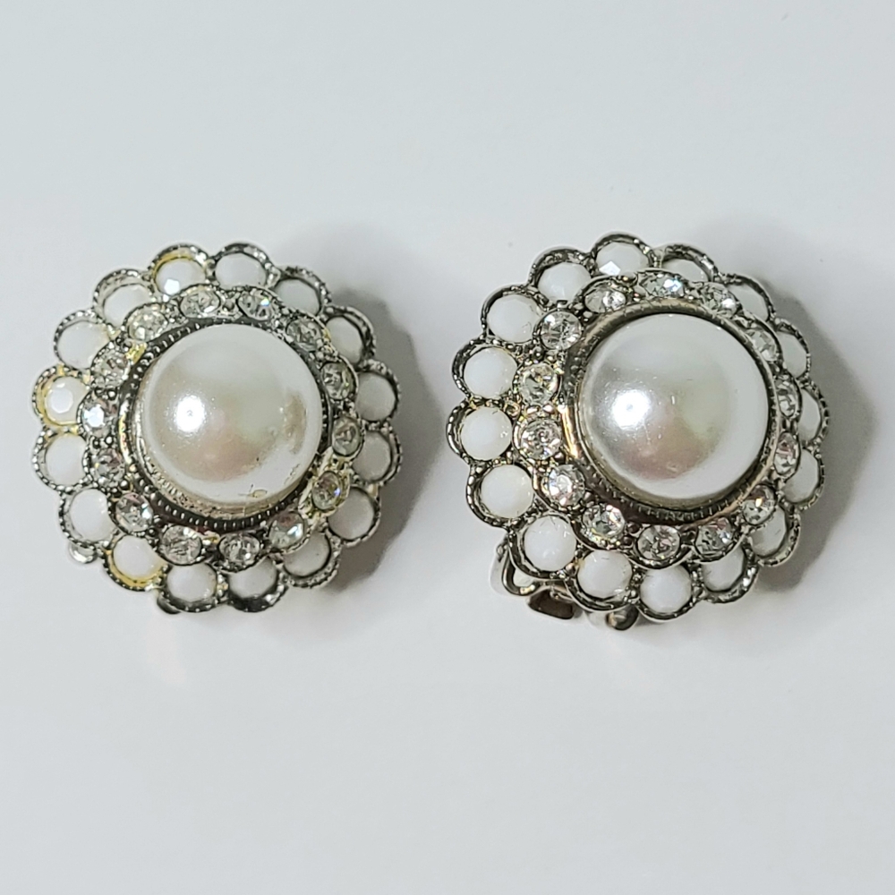R.J. Graziano Silver-Tone Faux Pearl 1998 Vintage Clip On Earrings